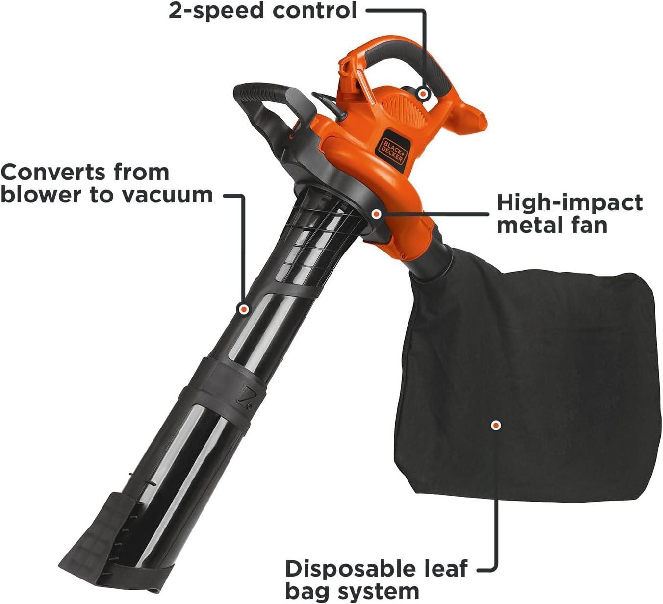 imageBLACKDECKER Leaf Blower Leaf Vacuum and Leaf Mulcher 3in1 Electric Blowers for Lawn Care 12 Amp 250 MPH 400 CFM BV6000250 MPH Blower Disposable System