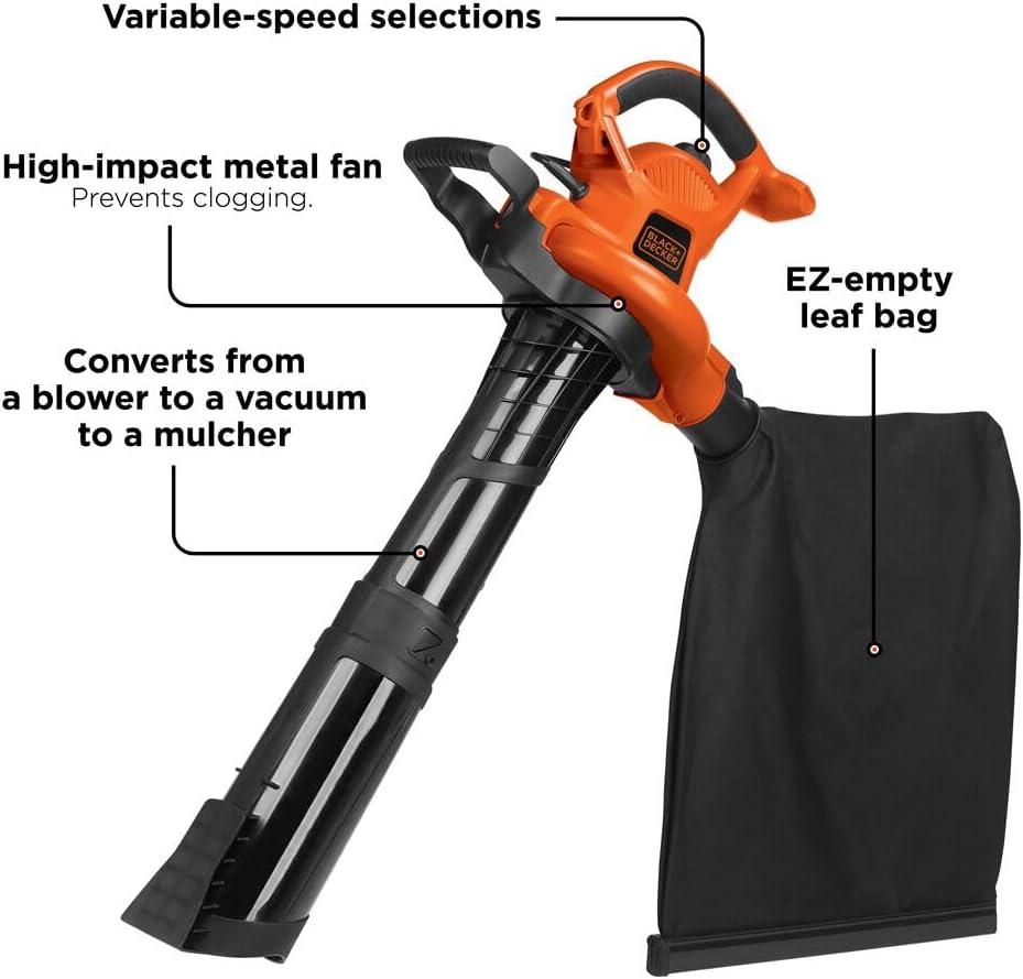 imageBLACKDECKER Leaf Blower Leaf Vacuum and Leaf Mulcher 3in1 Electric Blowers for Lawn Care 12 Amp 250 MPH 400 CFM BV6000250 MPH Blower Premium Disposable System