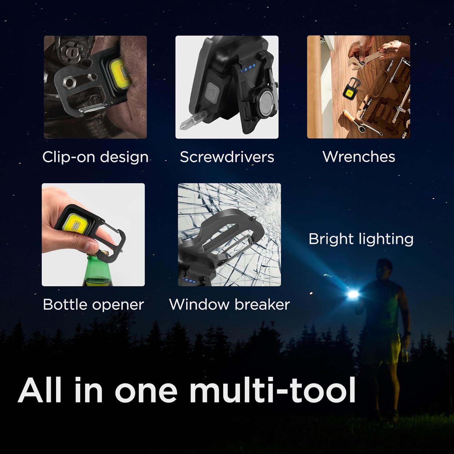 imageBLACKDECKER MultiTool Flashlight 2Pack 500LM Carabiner USB Rechargeable Multitool with Wrench Screwdrivers Bottle Opener Glass Breaker Magnetic Stand IP44 WeatherResistant 7 Light ModesTwo Pack