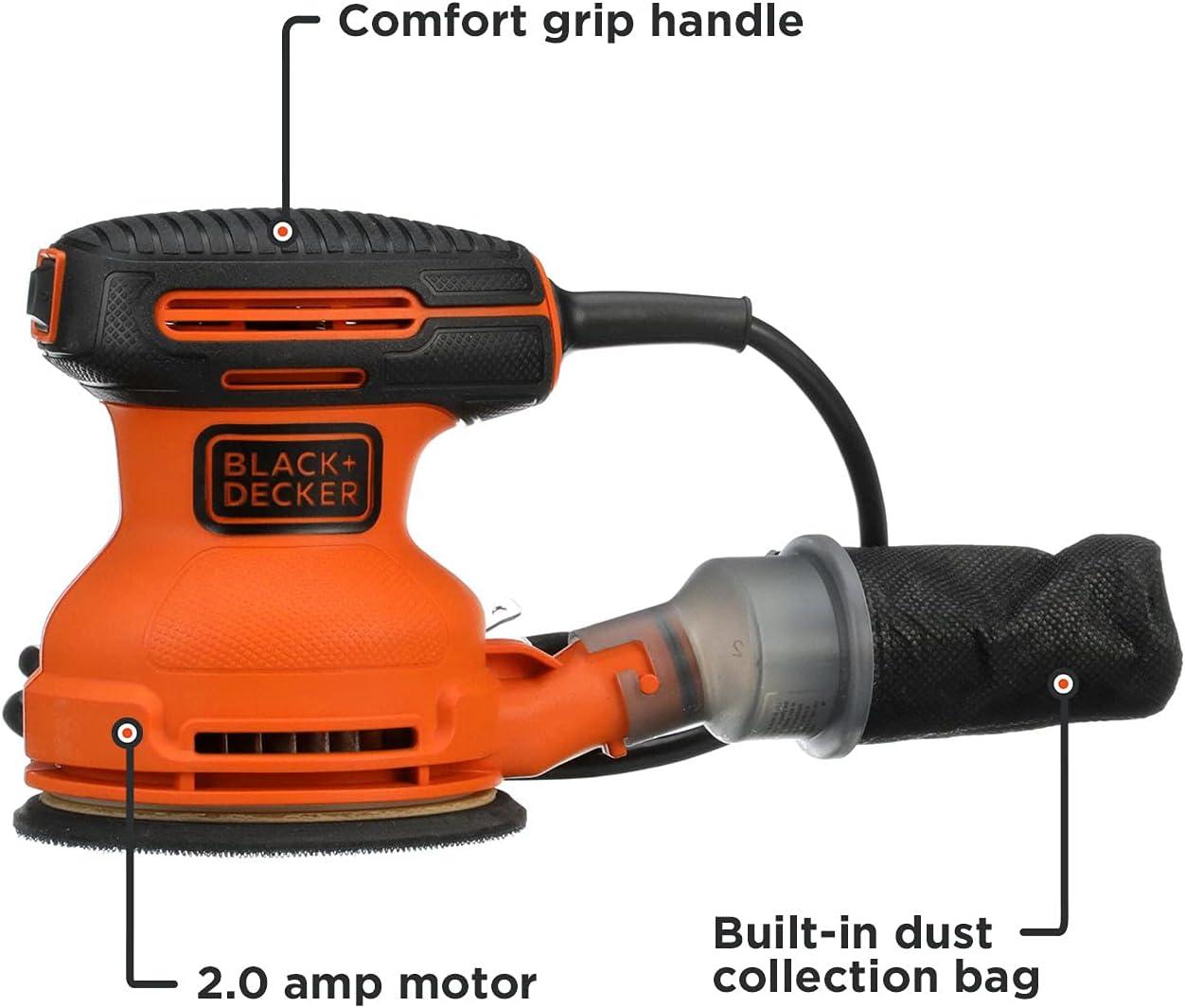 imageBLACKDECKER Orbital Sander 5 Inch 20 Amp 12000 OPM Corded 1 Sandpaper Sheet and Dust Bag Included BDERO100Sander Only