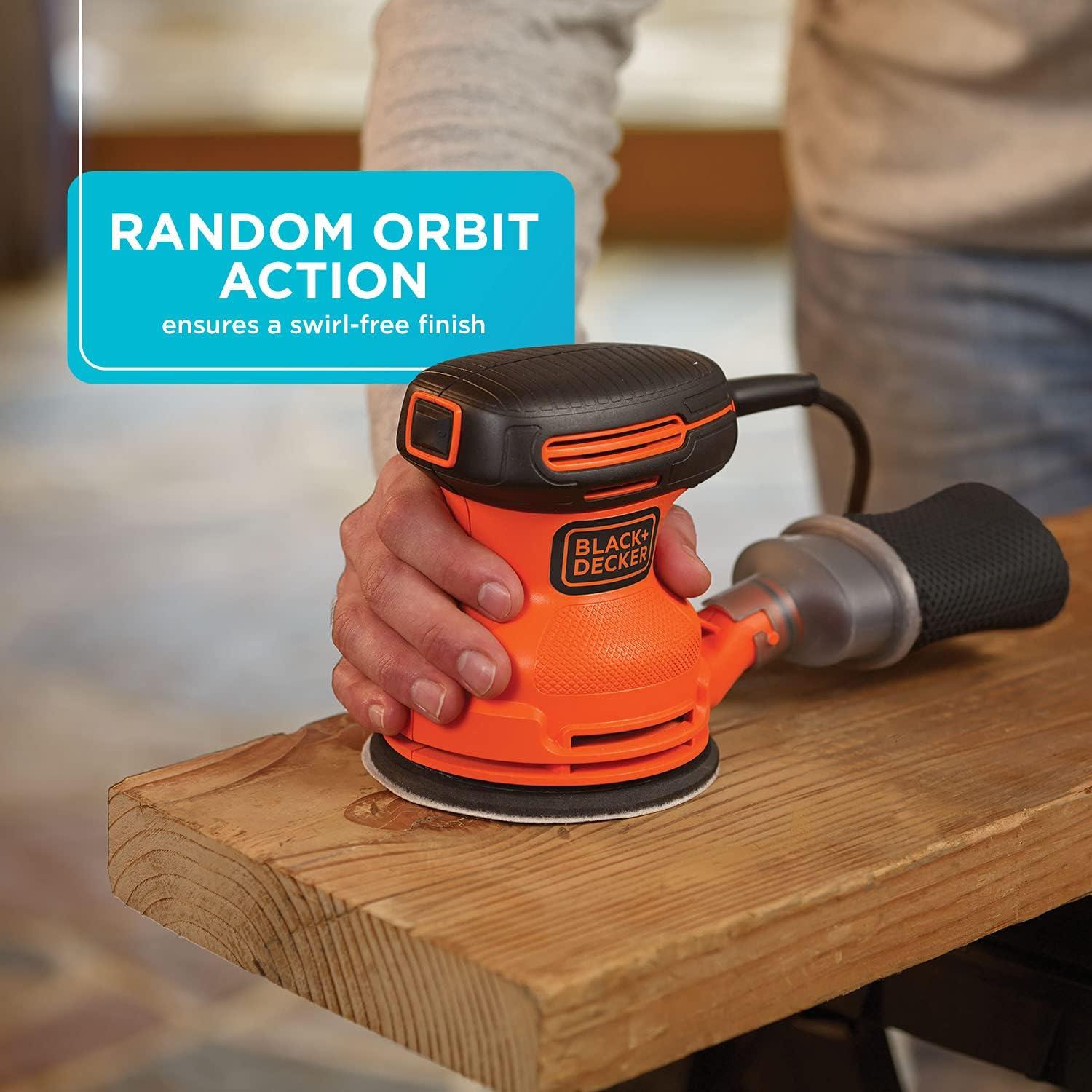 imageBLACKDECKER Orbital Sander 5 Inch 20 Amp 12000 OPM Corded 1 Sandpaper Sheet and Dust Bag Included BDERO100Sander Only