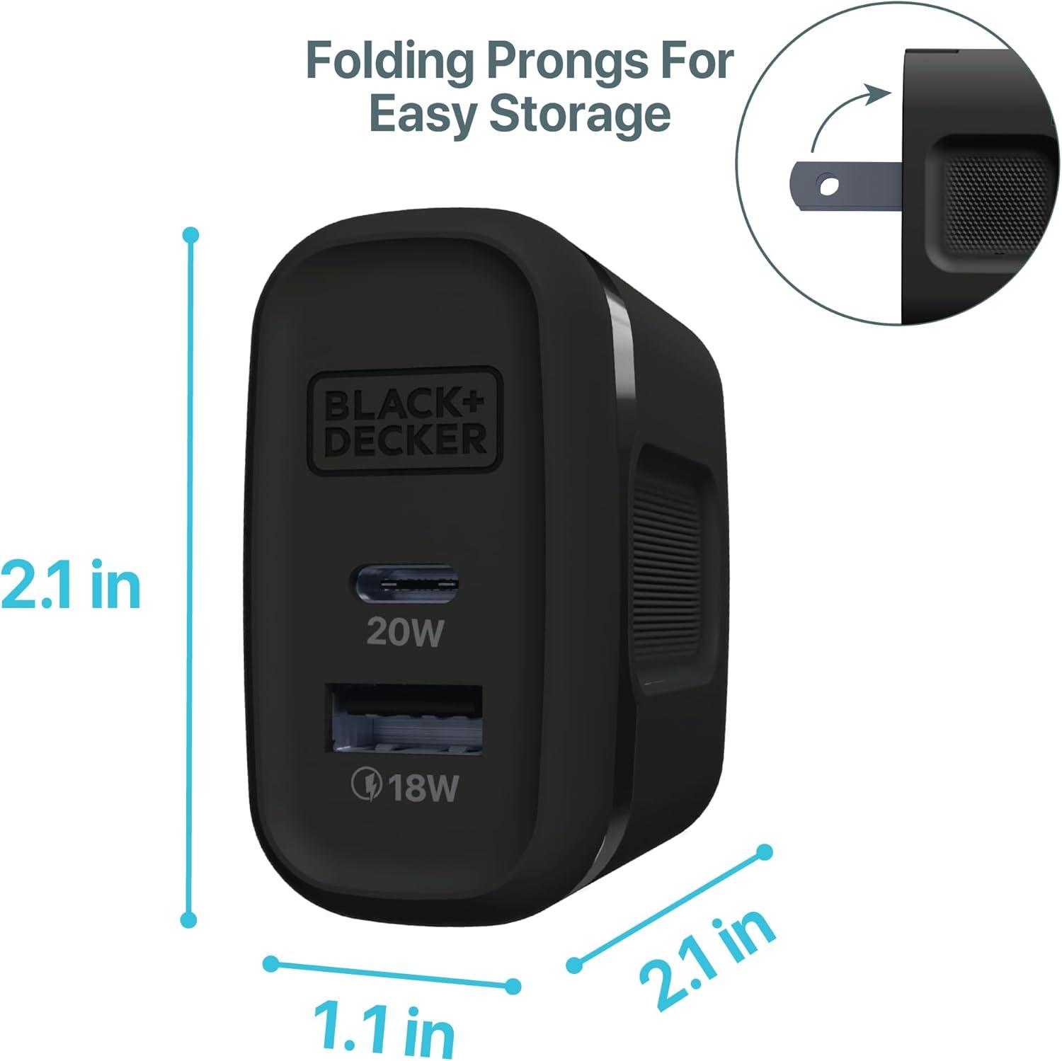 imageBLACKDECKER QuickCharge PD Wall Charger 2Port 38W USB amp Type C Wall Plug Compact Power Block USB C Fast Charger Adapter Power Delivery amp Qualcomm QC 30 Perfect for Home Office TravelBlack