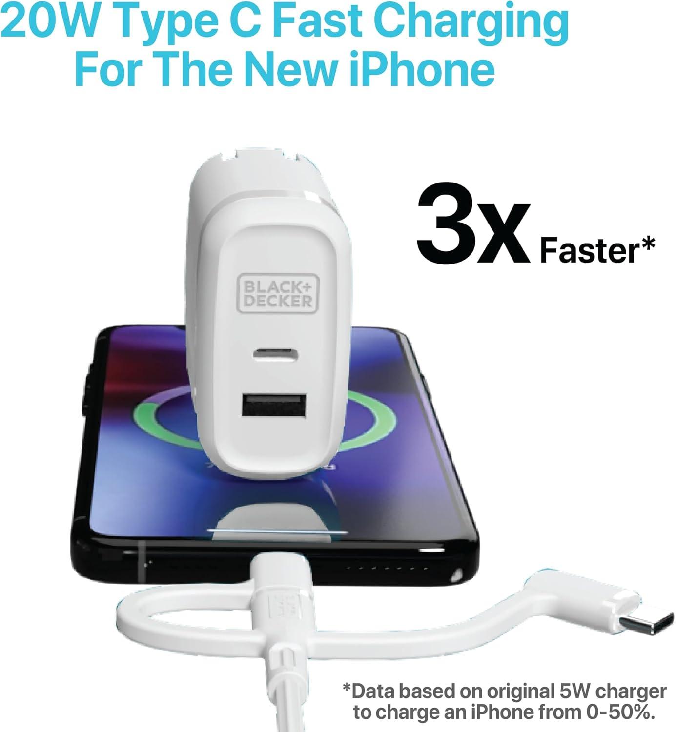 imageBLACKDECKER QuickCharge PD Wall Charger 2Port 38W USB amp Type C Wall Plug Compact Power Block USB C Fast Charger Adapter Power Delivery amp Qualcomm QC 30 Perfect for Home Office TravelWhite