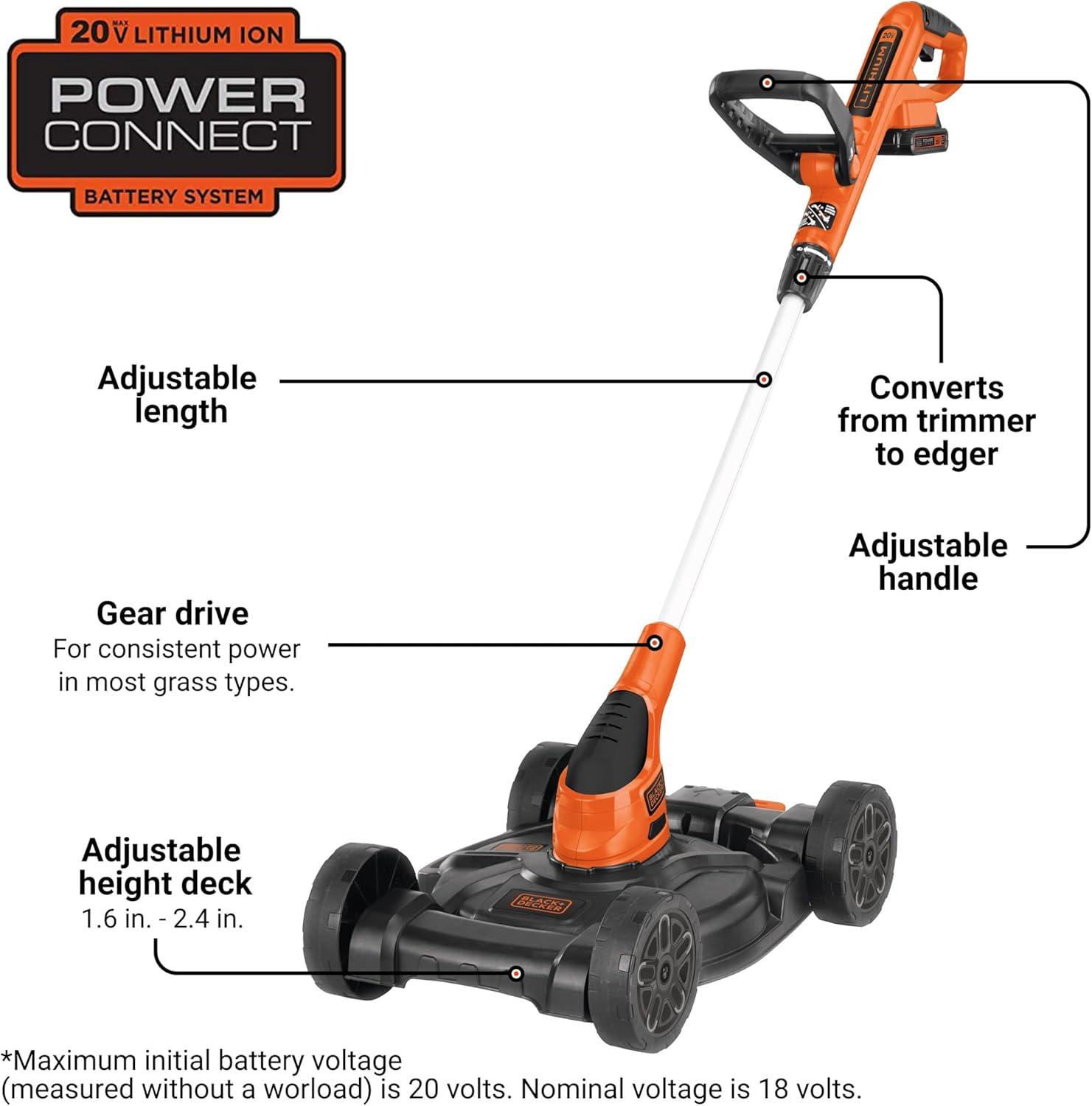 imageBLACKDECKER Weed Eater Lawn Edger and Cordless Lawn Mower 3 in 1 Combo Includes 2 Batteries Charger 12 Inch Battery Powered String Trimmer and Lawnmower Adjustable Length and Height MTC2203in1 Mower Only