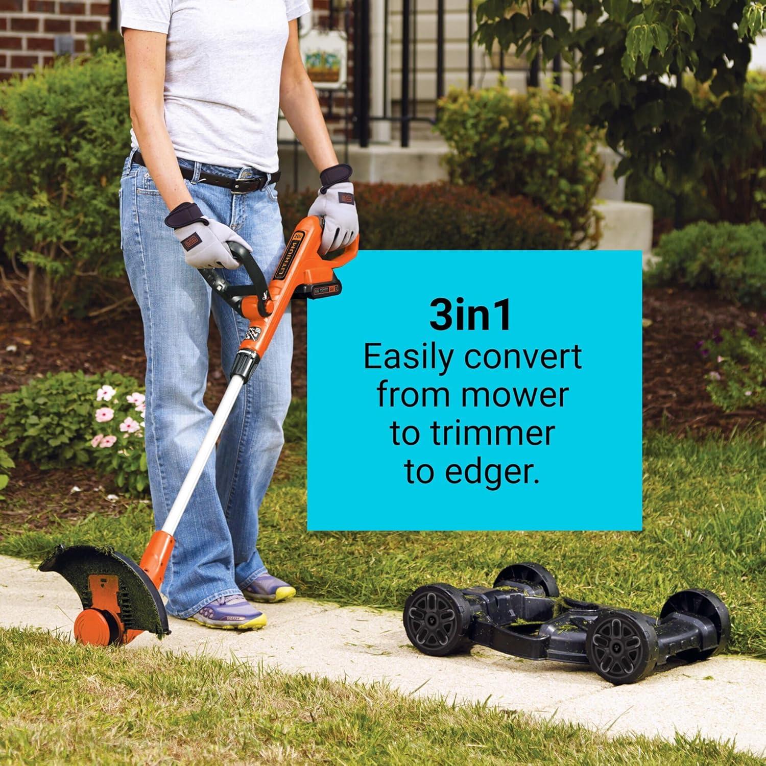 imageBLACKDECKER Weed Eater Lawn Edger and Cordless Lawn Mower 3 in 1 Combo Includes 2 Batteries Charger 12 Inch Battery Powered String Trimmer and Lawnmower Adjustable Length and Height MTC2203in1 Mower Only