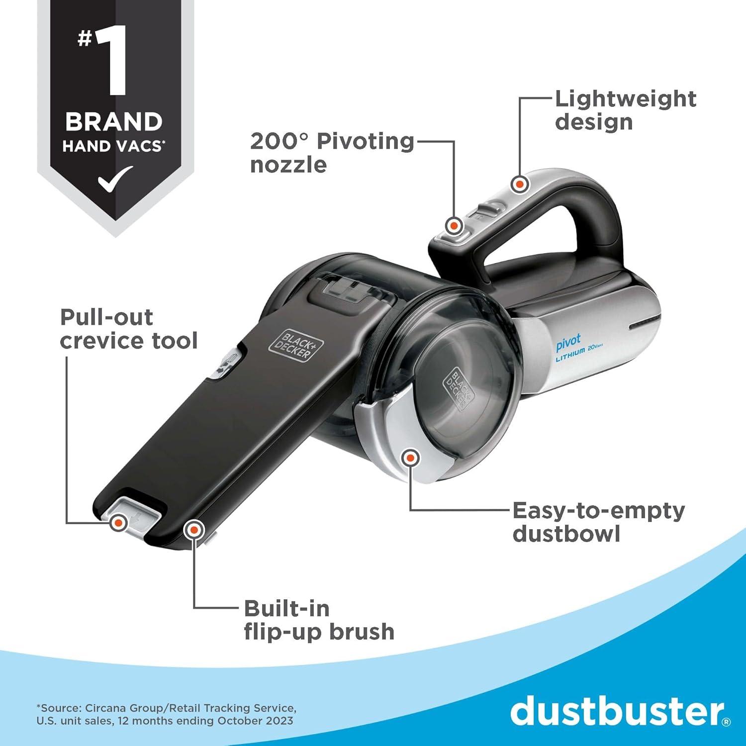 imageBLACKDECKER dust buster PIVOT VAC Handheld Vacuum Cordless Car Vacuum Portable Rechargeable Extendible Crevice Tool and 200 Degree Pivoting Nozzle Strong Suction Lightweight BDH2000PL