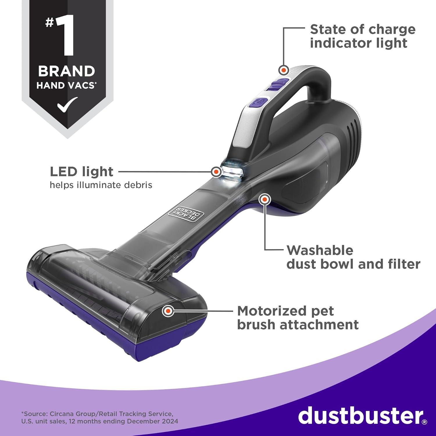 imageBLACKDECKER dustbuster Reveal Pet Hair Vacuum Hand Held Vacuum Cordless Portable for Home and Car Rechargeable LED Light Powerful Suction Includes Pet Brush and Crevice Tool HLVD320BP07