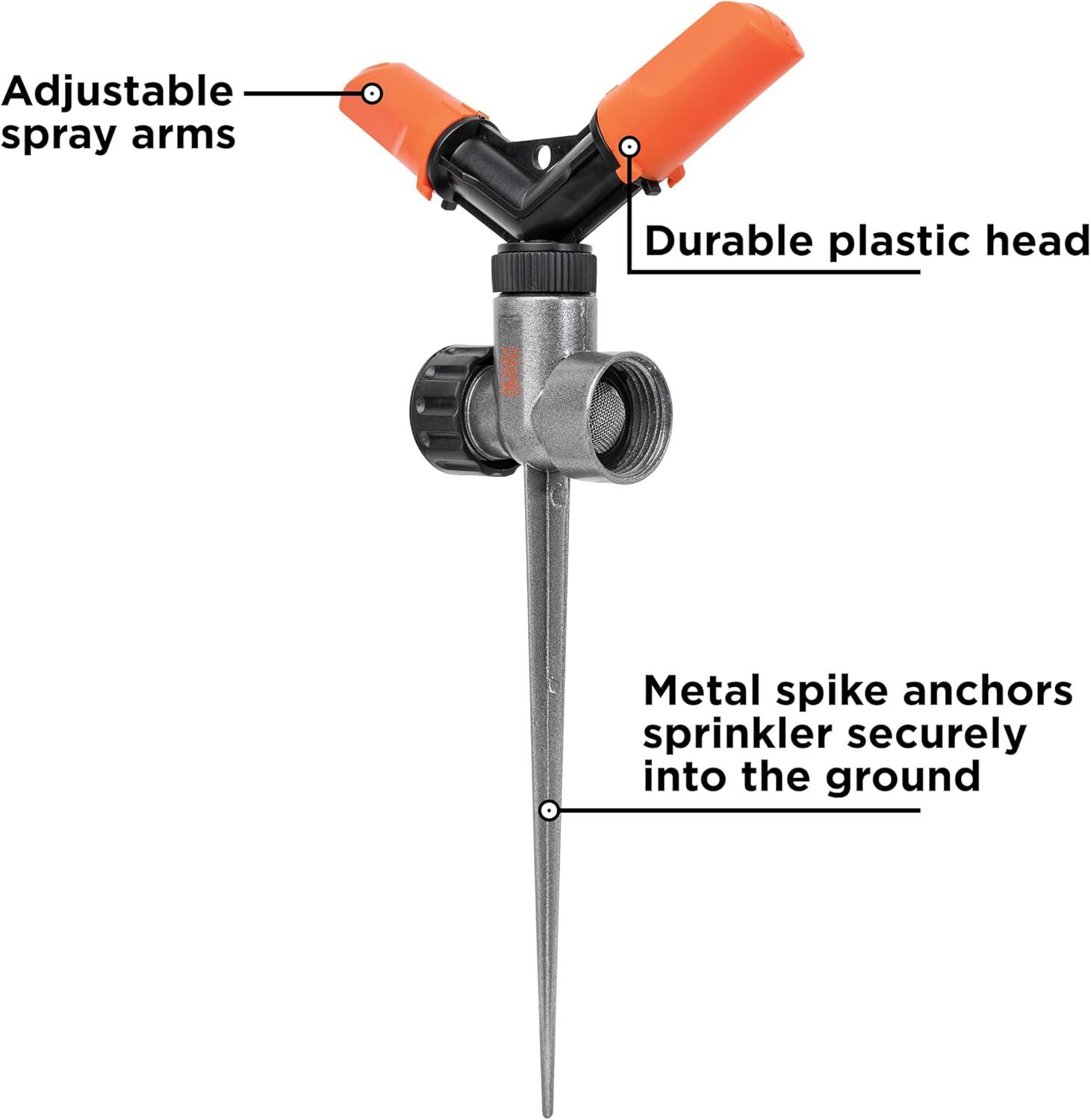 imageBlack Decker 2Arm Spinning Sprinkler with Zinc Spike Compact Adjustable Secure Placement 1905 sq ft Lawn Coverage BD59412