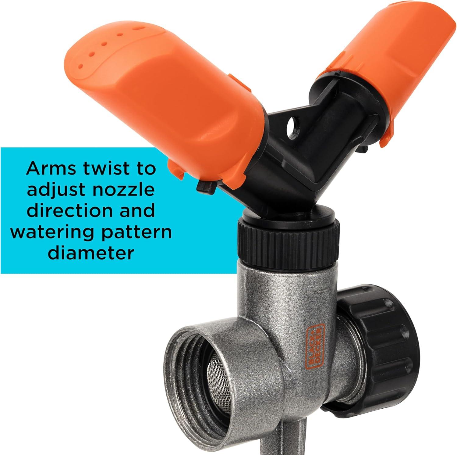 imageBlack Decker 2Arm Spinning Sprinkler with Zinc Spike Compact Adjustable Secure Placement 1905 sq ft Lawn Coverage BD59412