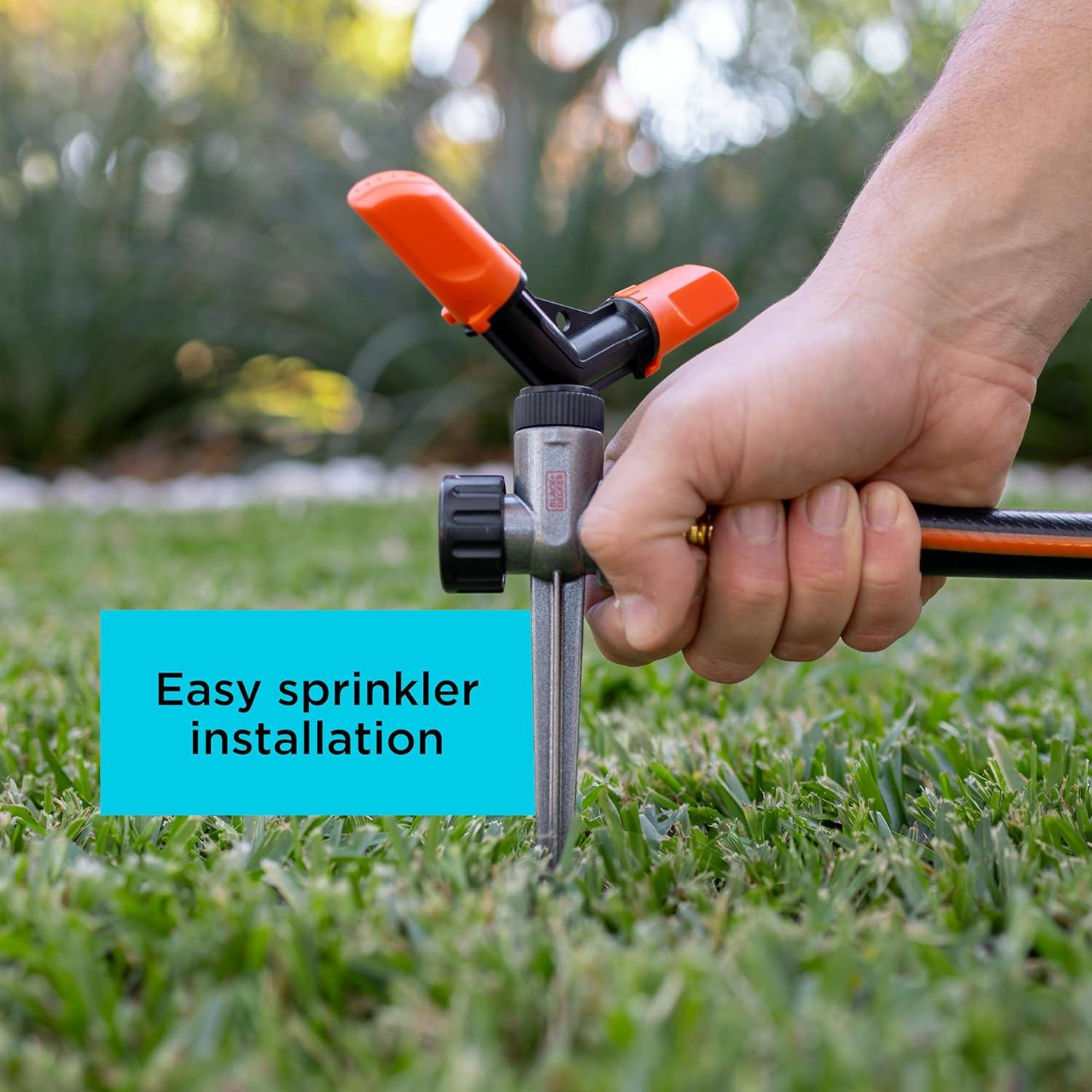 imageBlack Decker 2Arm Spinning Sprinkler with Zinc Spike Compact Adjustable Secure Placement 1905 sq ft Lawn Coverage BD59412