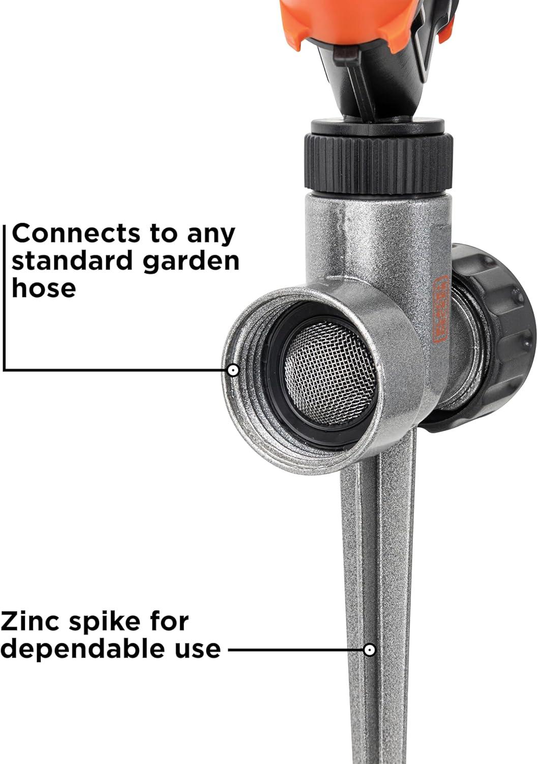 imageBlack Decker 2Arm Spinning Sprinkler with Zinc Spike Compact Adjustable Secure Placement 1905 sq ft Lawn Coverage BD59412