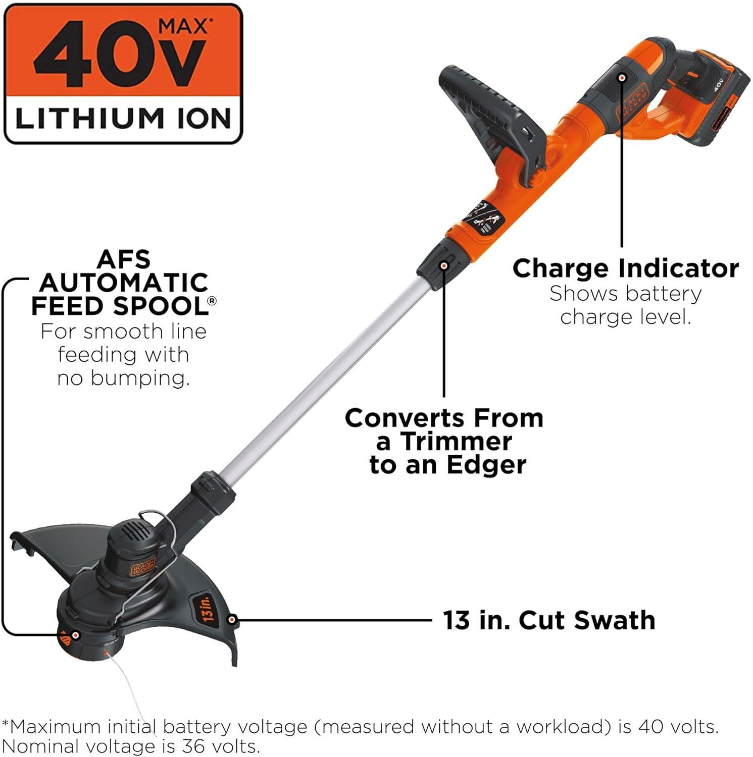 imageBlackDecker 40V MAX 13 Inch String Trimmer and Lawn Edger with Battery and Charger Cordless Weed Eater with Charge Indicator High Torque PowerDrive Technology LST140C40V String Trimmer Kit