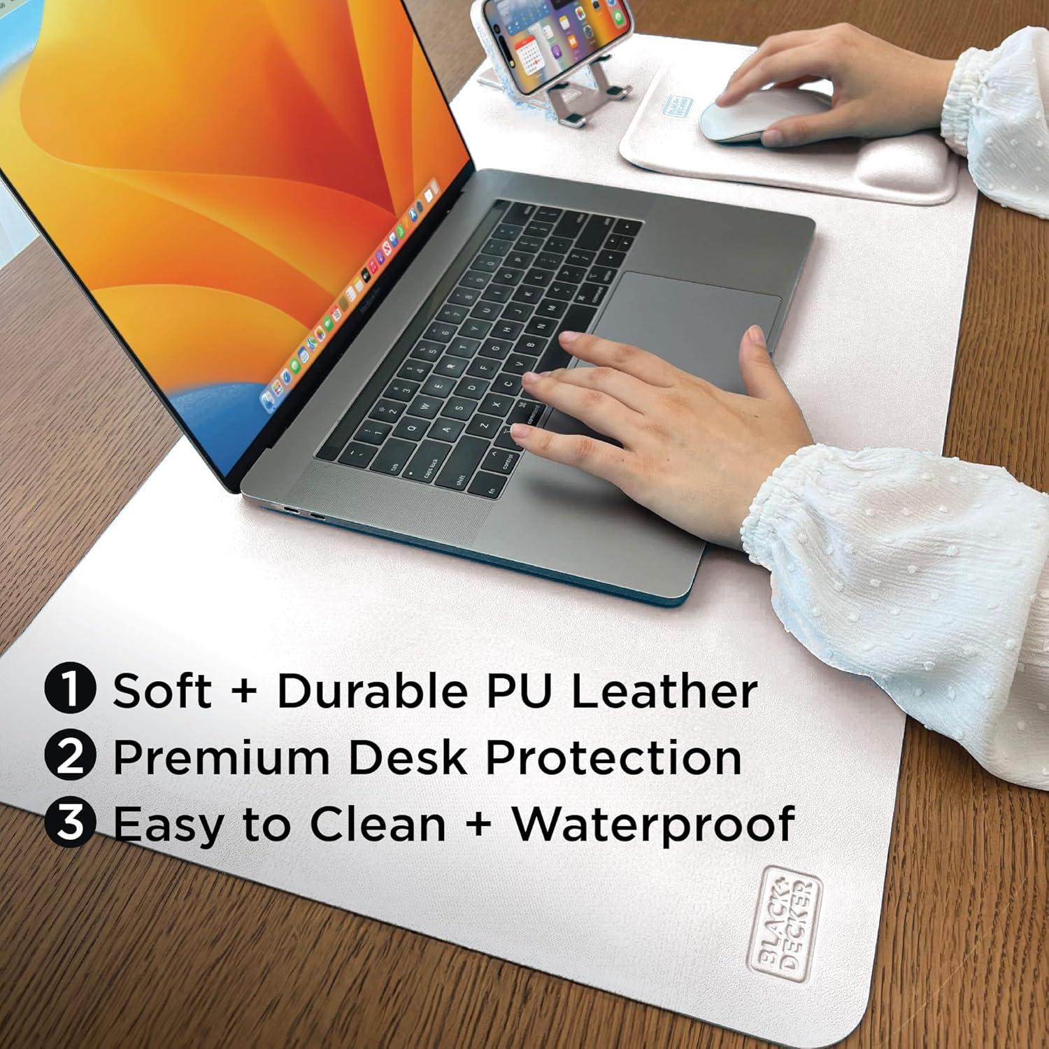 imageBlackDecker Faux Leather Desk Mat for Keyboard and Mouse Protective Desk Decor Gaming Work from Home Office AccessoryWhite