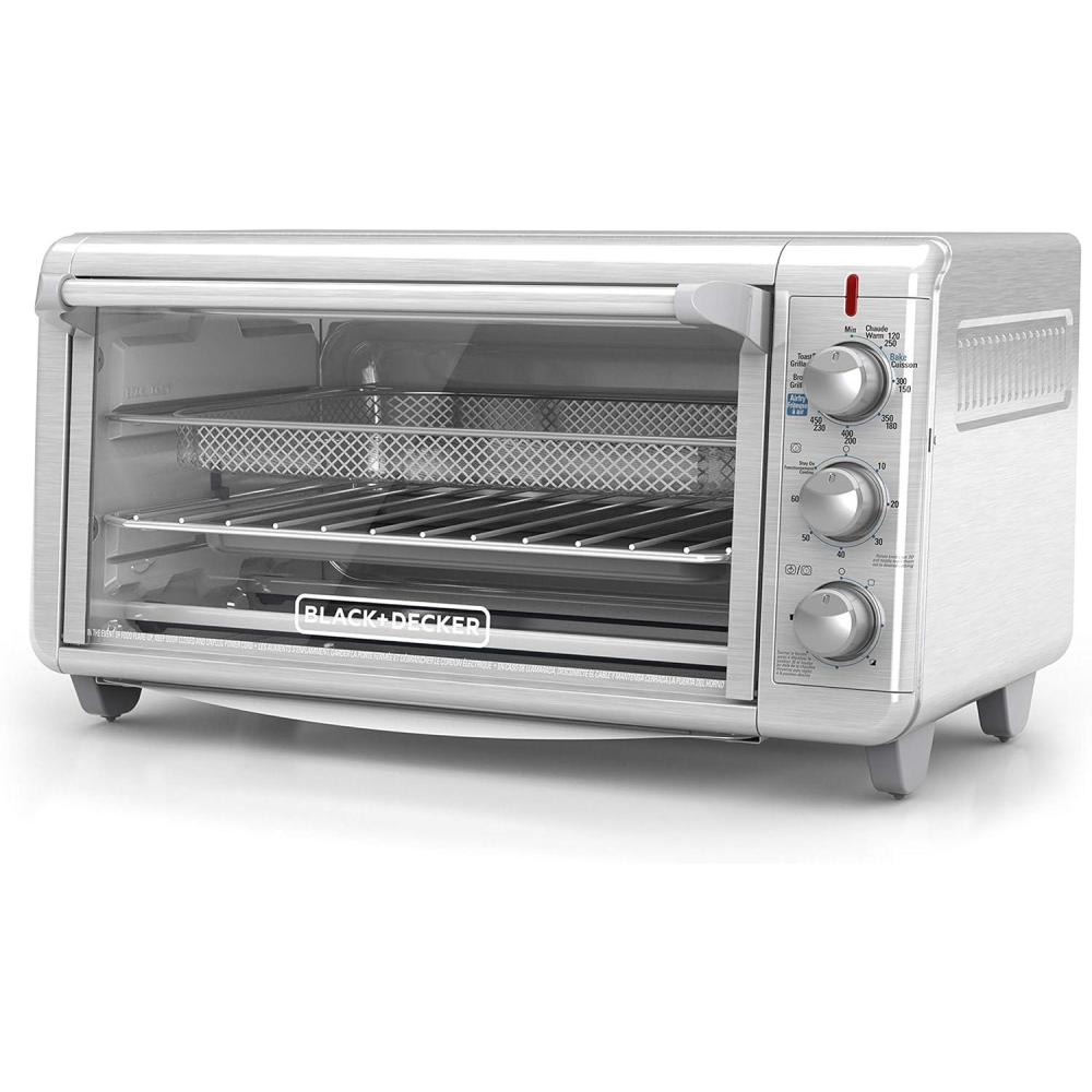 imageBLACKDECKER Crisp N Bake Air Fry Countertop Convection Toaster Oven XL Capacity 8Slice 5in1 Fits 9 x 13 pan12 Pizza 60Min Timer Bake Broil Air Fry Toast Keep Warm Stainless Steel