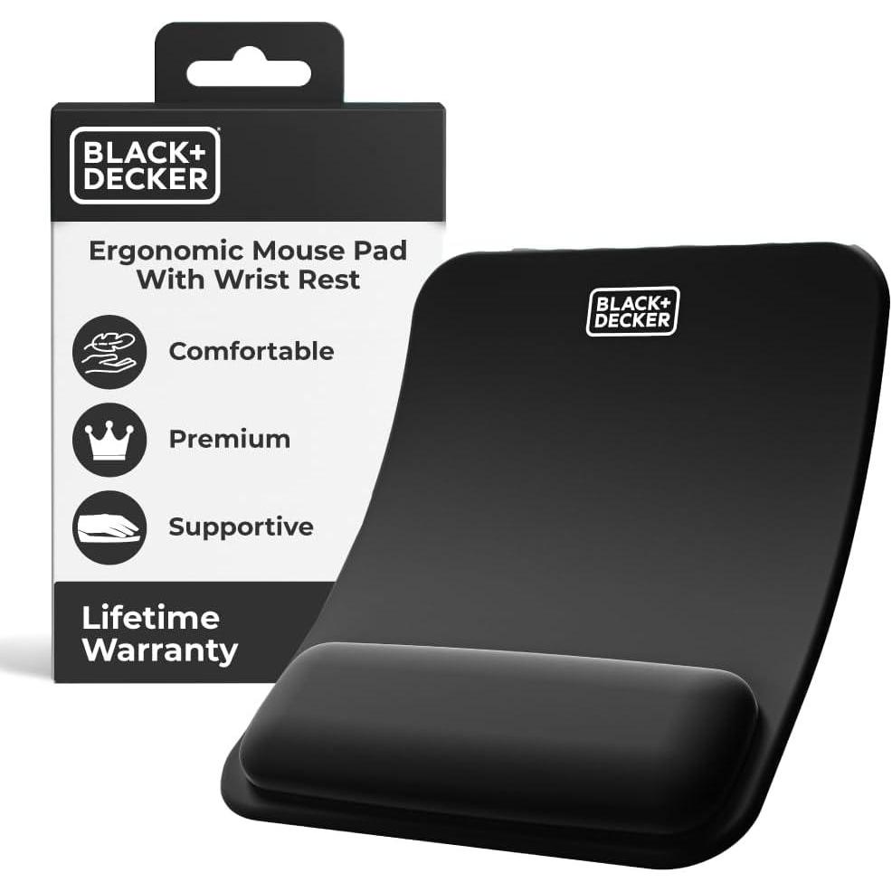 imageBLACKDECKER Ergonomic Mouse Pad Wrist Support Comfortable Mouse Pad Wrist Rest Wrist Relief Gel Mousepad NonSlip Base Aesthetic Mousepad for Gaming Home Office Perfect for Computer LaptopBlack