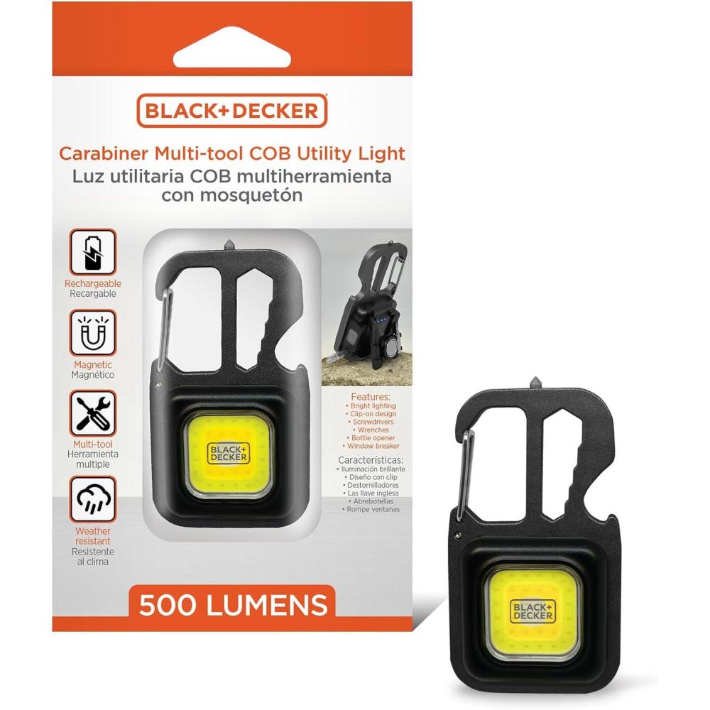 imageBLACKDECKER MultiTool Flashlight 2Pack 500LM Carabiner USB Rechargeable Multitool with Wrench Screwdrivers Bottle Opener Glass Breaker Magnetic Stand IP44 WeatherResistant 7 Light ModesOne Pack