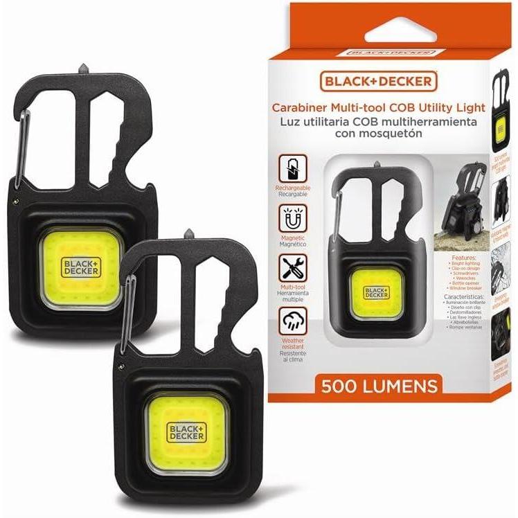 imageBLACKDECKER MultiTool Flashlight 2Pack 500LM Carabiner USB Rechargeable Multitool with Wrench Screwdrivers Bottle Opener Glass Breaker Magnetic Stand IP44 WeatherResistant 7 Light ModesTwo Pack