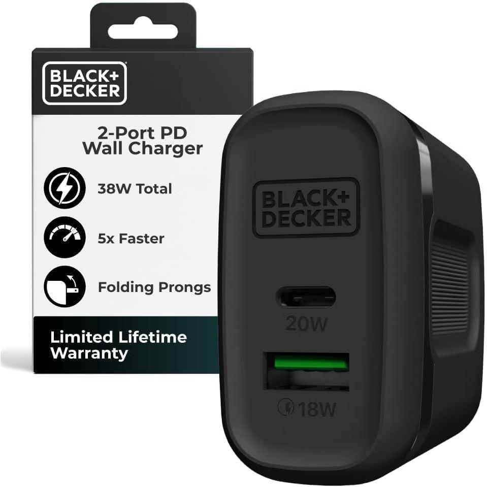 imageBLACKDECKER QuickCharge PD Wall Charger 2Port 38W USB amp Type C Wall Plug Compact Power Block USB C Fast Charger Adapter Power Delivery amp Qualcomm QC 30 Perfect for Home Office TravelBlack