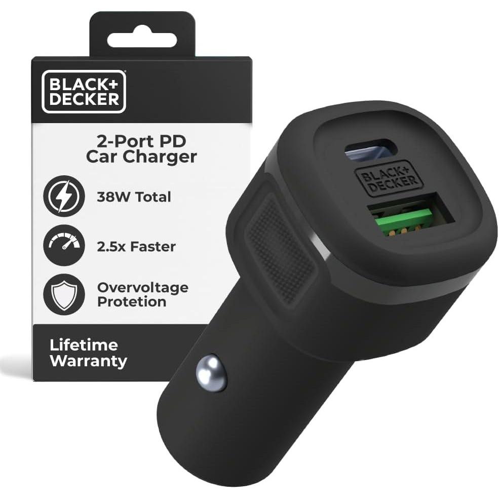imageBLACKDECKER USB C Car Charger Compact 38W 2Port LED Indicator Type C Charger with Power DeliveryQuick Charge Compatible with iPhone 17 16 15 14 13 Series Pixel 3 2 XL iPad Pro MoreBlack