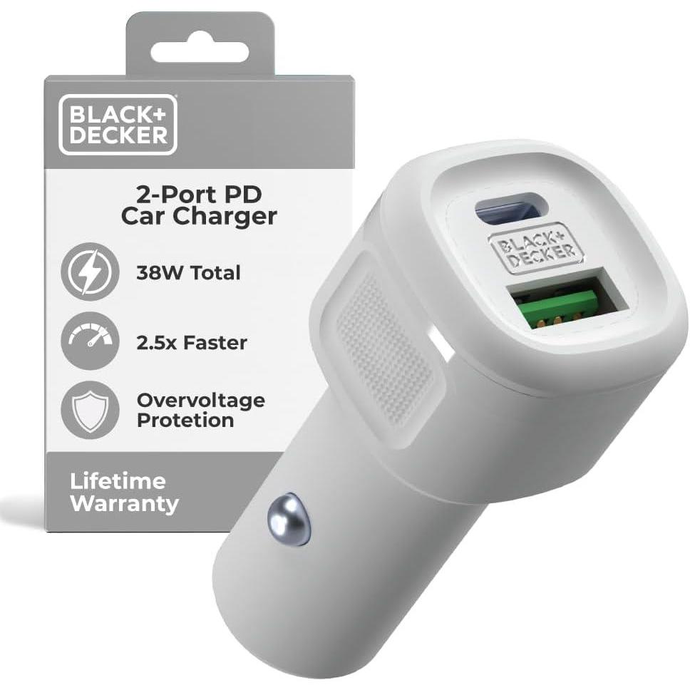 imageBLACKDECKER USB C Car Charger Compact 38W 2Port LED Indicator Type C Charger with Power DeliveryQuick Charge Compatible with iPhone 17 16 15 14 13 Series Pixel 3 2 XL iPad Pro MoreWhite