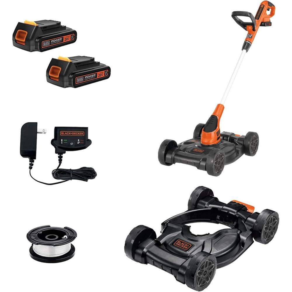 imageBLACKDECKER Weed Eater Lawn Edger and Cordless Lawn Mower 3 in 1 Combo Includes 2 Batteries Charger 12 Inch Battery Powered String Trimmer and Lawnmower Adjustable Length and Height MTC2203in1 Mower Only
