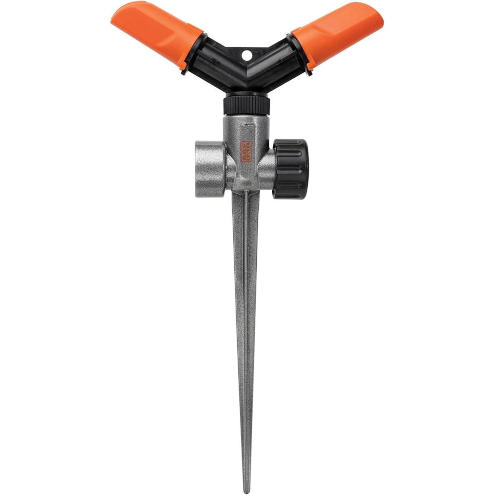 imageBlack Decker 2Arm Spinning Sprinkler with Zinc Spike Compact Adjustable Secure Placement 1905 sq ft Lawn Coverage BD59412