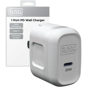 BLACK+DECKER GaN PD Wall Charger, 1-Port 20W Type C Wall Plug, Compact Power Block USB C, Type-C Fast Charging for iPhone 17/16/15 USBC Charging Block Perfect for Home, Office, Travel(White)