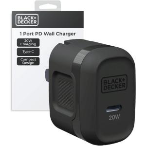 BLACK+DECKER GaN PD Wall Charger, 1-Port 20W Type C Wall Plug, Compact Power Block USB C, Type-C Fast Charging for iPhone 17/16/15 USBC Charging Block Perfect for Home, Office, Travel(Black)