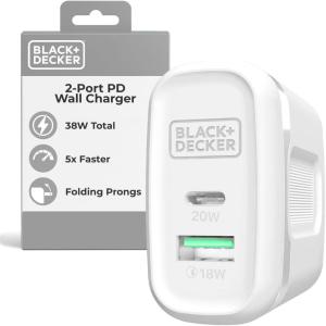 BLACK+DECKER Quick-Charge PD Wall Charger, 2-Port, 38W – USB & Type C Wall Plug – Compact Power Block USB C – Fast Charger Adapter Power Delivery & Qualcomm QC 3.0 – Perfect for Home, Office, Travel(White)