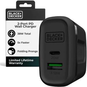 BLACK+DECKER Quick-Charge PD Wall Charger, 2-Port, 38W – USB & Type C Wall Plug – Compact Power Block USB C – Fast Charger Adapter Power Delivery & Qualcomm QC 3.0 – Perfect for Home, Office, Travel(Black)