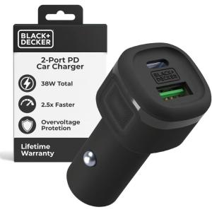 BLACK+DECKER USB C Car Charger, Compact 38W 2-Port, LED Indicator Type C Charger with Power Delivery/Quick Charge, Compatible with iPhone 17 16 15 14 13 Series, Pixel 3 2 XL, iPad Pro, More(Black)