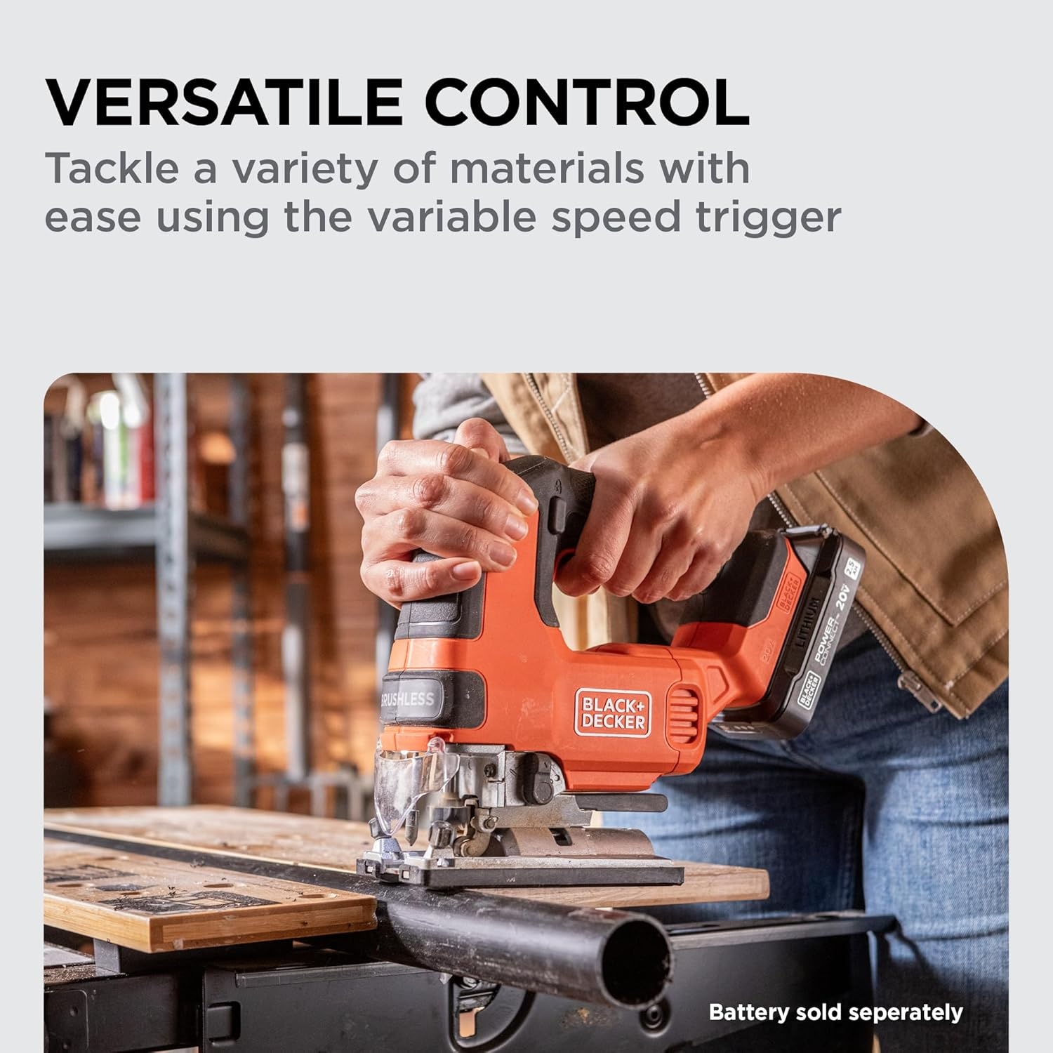 imageBLACKDECKER 20V MAX Brushless Cordless JigSaw Kit with 25Ah Battery and Charger 24T Steel Blade 6T Wood Blade Up to 82 Ft per Charge 1 In Stroke Variable Speed LED PowerConnect BLJS78E1Tool Only