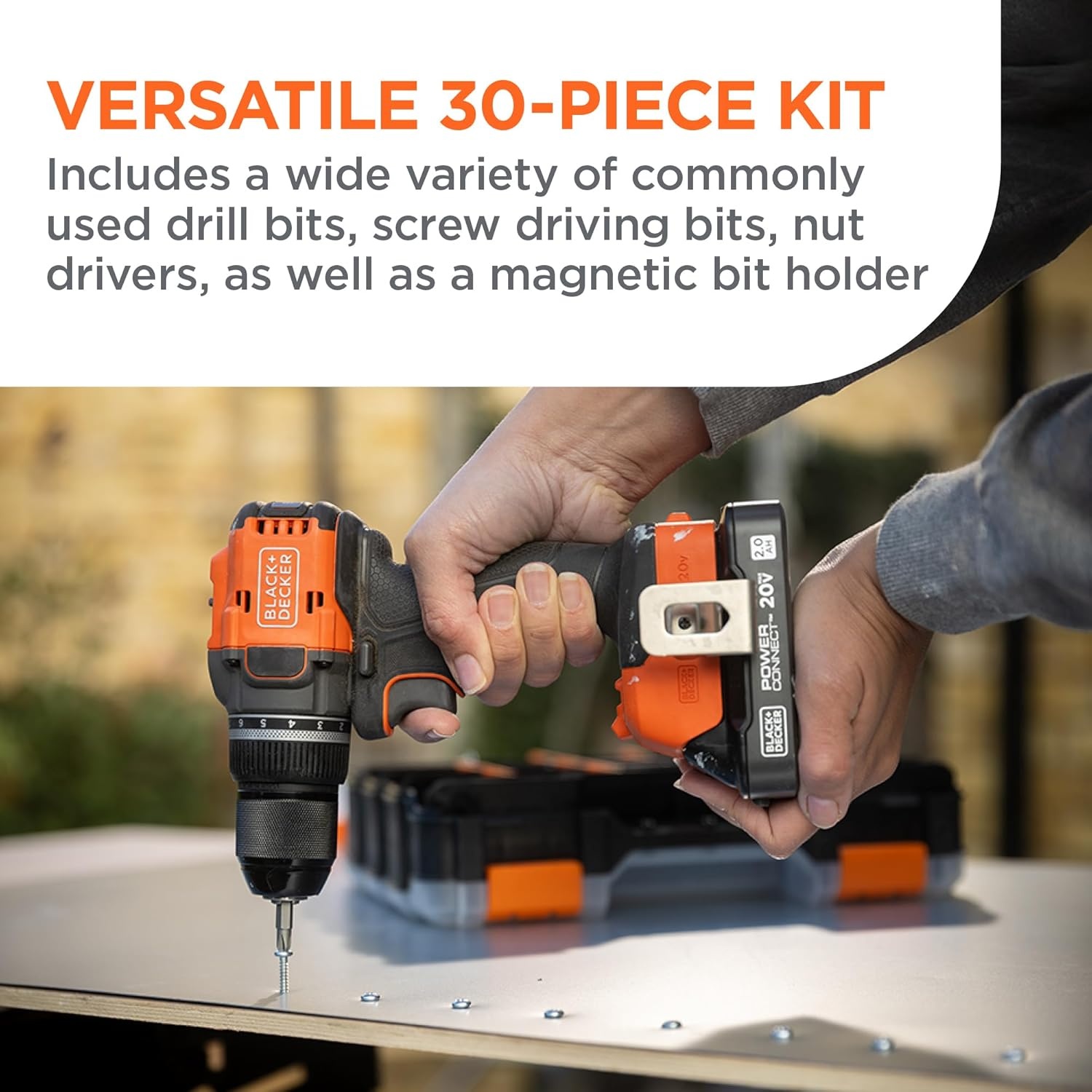 imageBLACKDECKER 20V MAX Cordless Brushless in Drill Driver 30 Pc Drill Bit Set and Screwdriver Bit Set 2Ah Battery and Charger Included PowerConnect Electric Drill Cordless BLD782PK30D1
