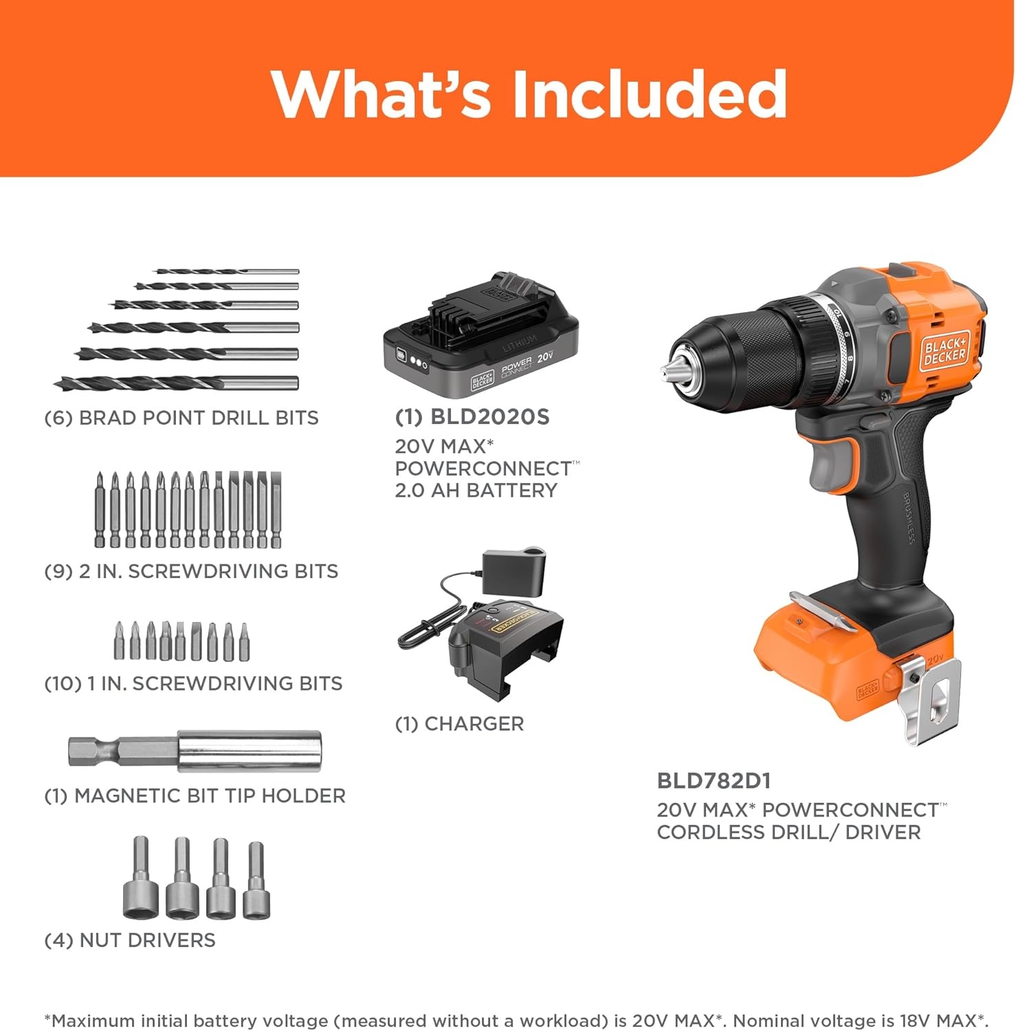 imageBLACKDECKER 20V MAX Cordless Brushless in Drill Driver 30 Pc Drill Bit Set and Screwdriver Bit Set 2Ah Battery and Charger Included PowerConnect Electric Drill Cordless BLD782PK30D1