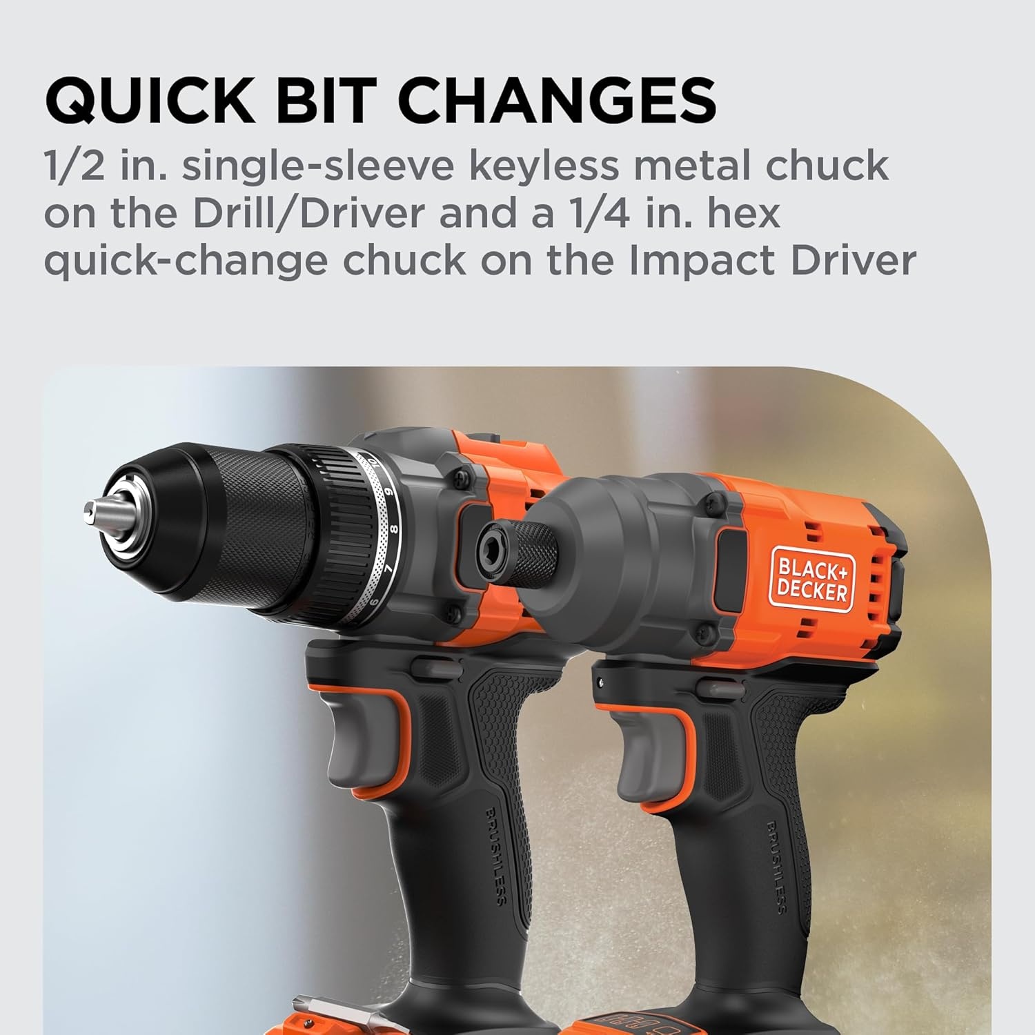 imageBLACKDECKER 20V MAX POWERCONNECT Brushless Cordless 12 In Drill Driver and 14 In Hex Impact Driver with 2Ah Battery and Charger Impact Drill Set with More Runtime High Torque LED BLDI782CKD1