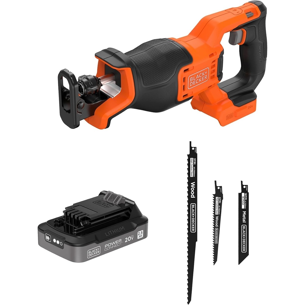 imageBLACKDECKER 20V MAX Brushless Cordless Reciprocating Saw Kit with 25Ah Battery and Charger Includes Three Blades for Wood and Metal Long Runtime Up to 33 Cuts Per Charge PowerConnect BLRS78E1Tool Battery Kit