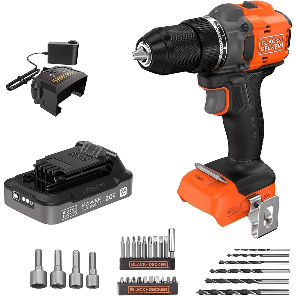 imageBLACKDECKER 20V MAX Cordless Brushless in Drill Driver 30 Pc Drill Bit Set and Screwdriver Bit Set 2Ah Battery and Charger Included PowerConnect Electric Drill Cordless BLD782PK30D1