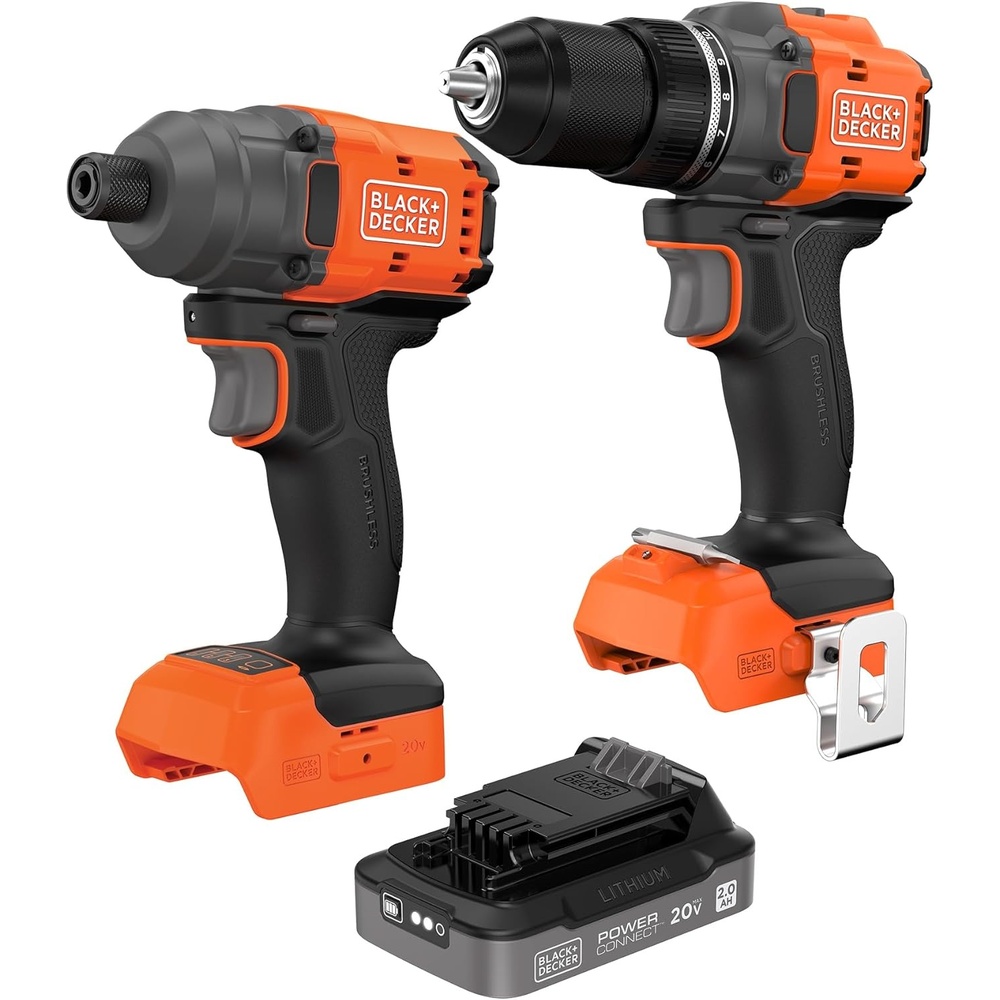 imageBLACKDECKER 20V MAX POWERCONNECT Brushless Cordless 12 In Drill Driver and 14 In Hex Impact Driver with 2Ah Battery and Charger Impact Drill Set with More Runtime High Torque LED BLDI782CKD1