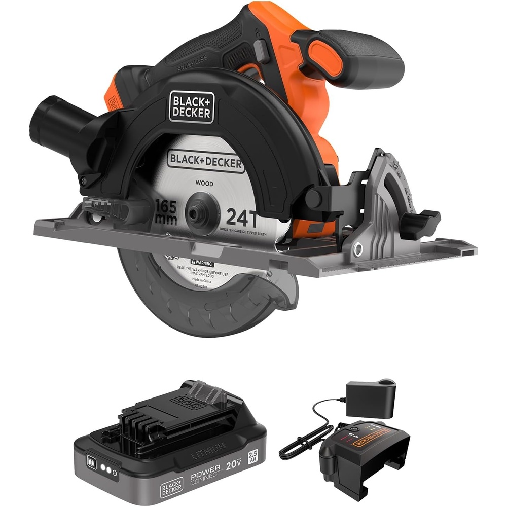 imageBLACKDECKER Circular Saw 20V MAX 612 in Brushless Circular Saw Cordless Kit with 25Ah Battery and Charger 24T Blade for Wood Up to 165 Cuts Per Charge LED Light PowerConnect BLCS78E1Tool  Battery Kit