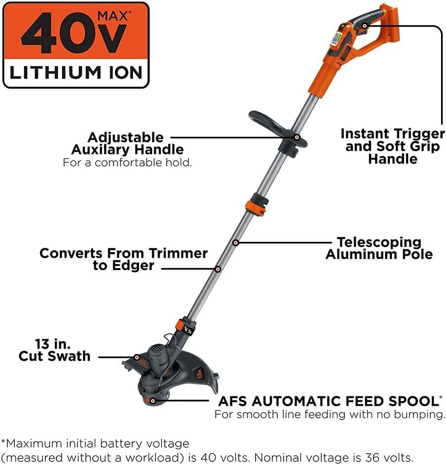 imageBLACKDECKER 40V MAX 13 in String Trimmer Edger Cordless with Adjustable Telescoping Pole 2 in 1 Weed Wacker Lawn Edger Includes Battery and Charger LST136Bare Tool Only