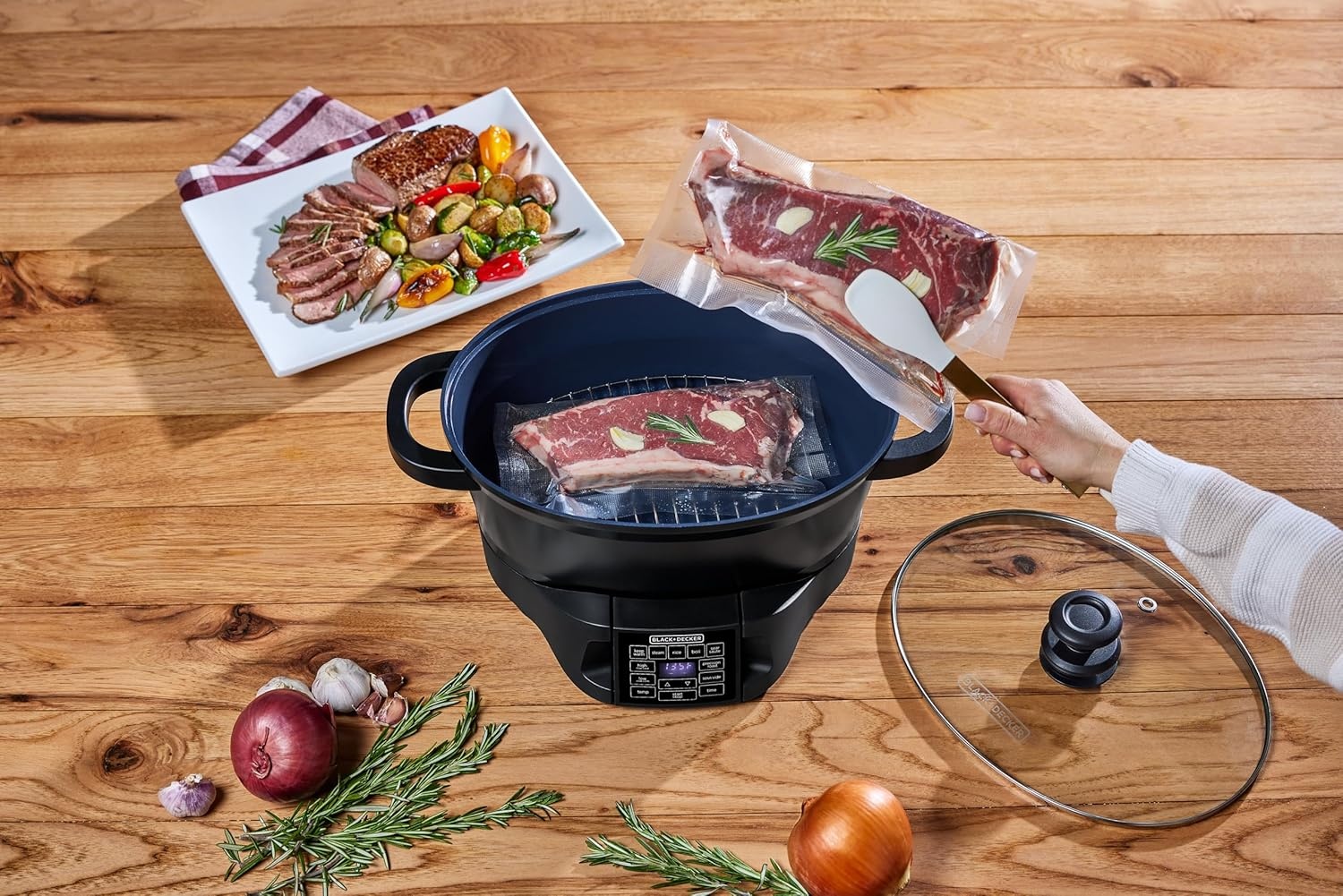 imageBLACKDECKER Digital Multicooker 7QT Family Size 7in1 Functions Neat N Clean Technology Slow Cook SteamBoil Precision Roast SearSaut Rice Sous Vide Keep Warm Ceramic Nonstick