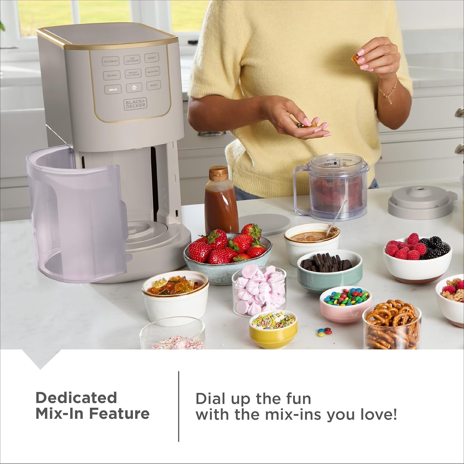 imageBLACKDECKER Ice Cream Maker for Families amp Kids Make Protein Keto amp DairyFree Ice Cream Gelato amp Milkshakes at Home Easy Creamy Pint Machine with MixInsIce Cream Maker