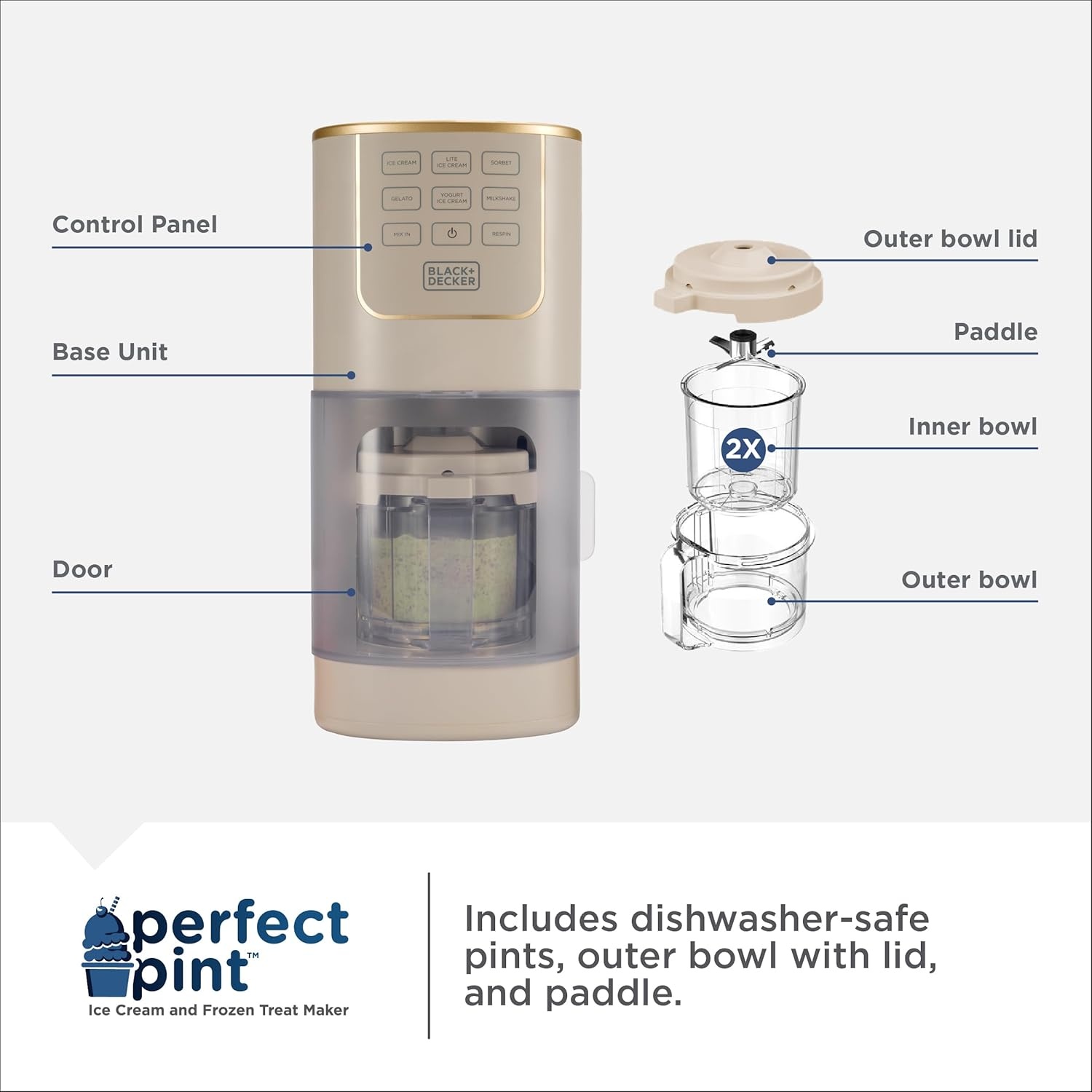 imageBLACKDECKER Ice Cream Maker for Families amp Kids Make Protein Keto amp DairyFree Ice Cream Gelato amp Milkshakes at Home Easy Creamy Pint Machine with MixInsIce Cream Maker