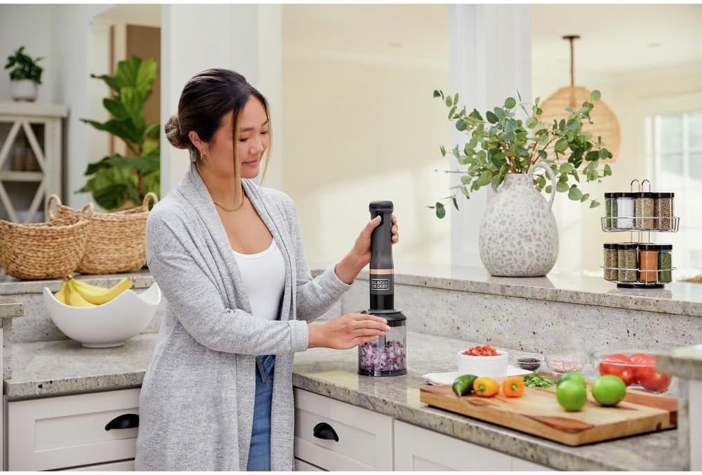 imageBLACKDECKER Kitchen Wand Cordless Immersion Blender 4 in 1 Multi Tool Set Hand Blender with Charging Dock Grey BCKM1014K01Grey