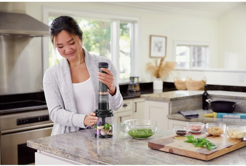 imageBLACKDECKER Kitchen Wand Cordless Immersion Blender 4 in 1 Multi Tool Set Hand Blender with Charging Dock Grey BCKM1014K01Grey