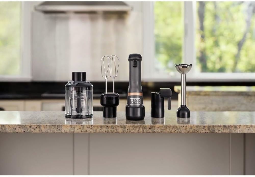 imageBLACKDECKER Kitchen Wand Cordless Immersion Blender 4 in 1 Multi Tool Set Hand Blender with Charging Dock Grey BCKM1014K01Grey