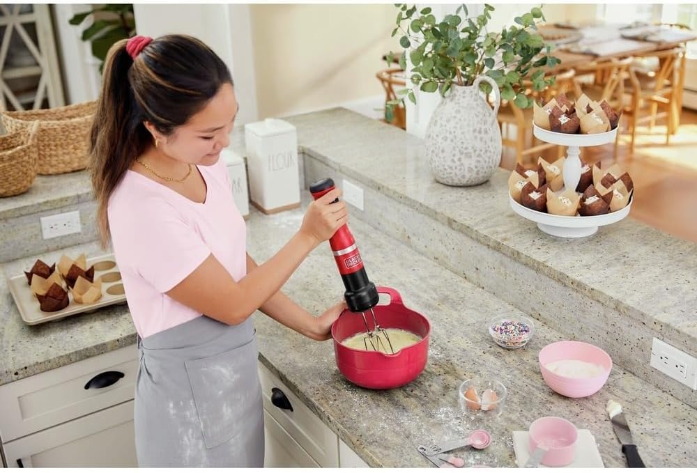 imageBLACKDECKER Kitchen Wand Cordless Immersion Blender 4 in 1 Multi Tool Set Hand Blender with Charging Dock Grey BCKM1014K01Red