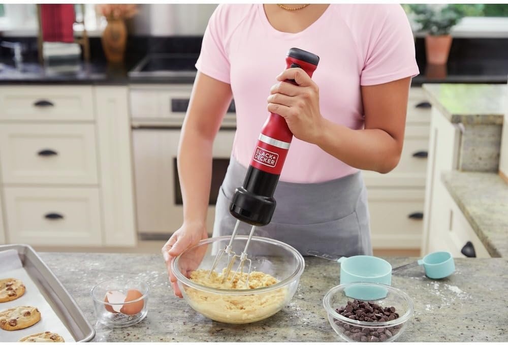 imageBLACKDECKER Kitchen Wand Cordless Immersion Blender 4 in 1 Multi Tool Set Hand Blender with Charging Dock Grey BCKM1014K01Red
