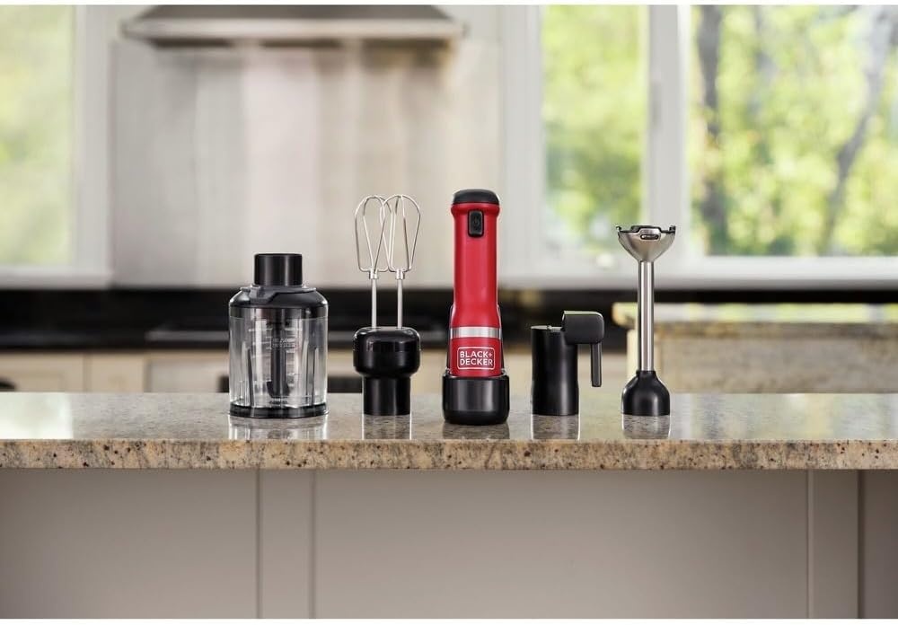 imageBLACKDECKER Kitchen Wand Cordless Immersion Blender 4 in 1 Multi Tool Set Hand Blender with Charging Dock Grey BCKM1014K01Red