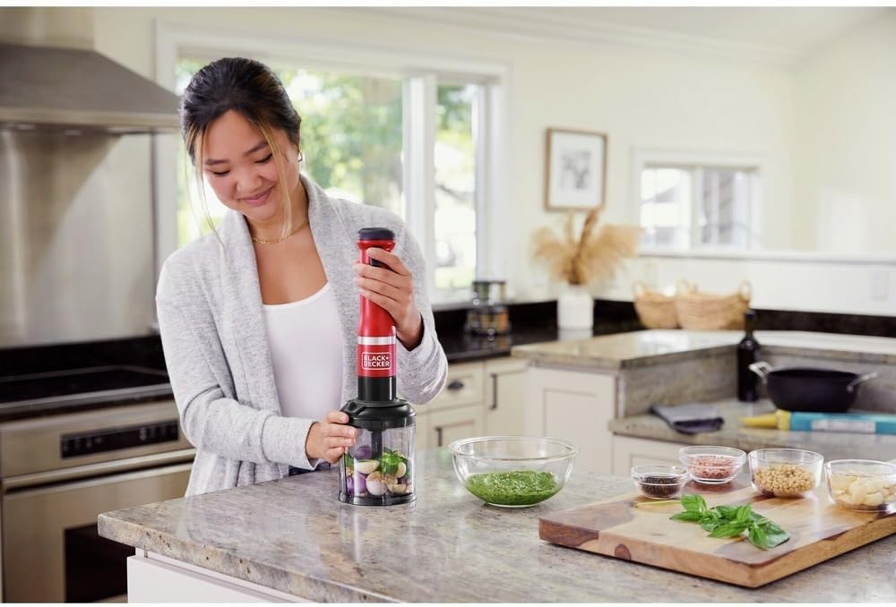imageBLACKDECKER Kitchen Wand Cordless Immersion Blender 4 in 1 Multi Tool Set Hand Blender with Charging Dock Grey BCKM1014K01Red